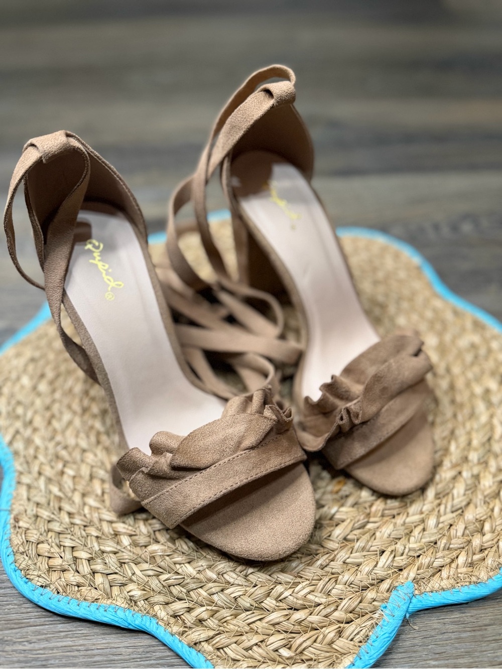 Qupid Tan Suede Ruffle Lace-Up Heels